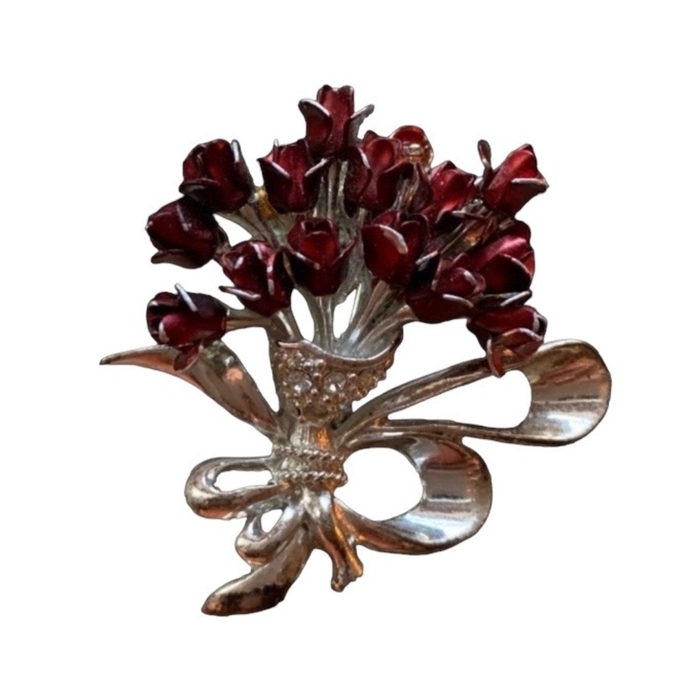 Bouquet Red Roses Silver Tone Rhinestone Crystal Pin Brooch Woman’s Jewelry